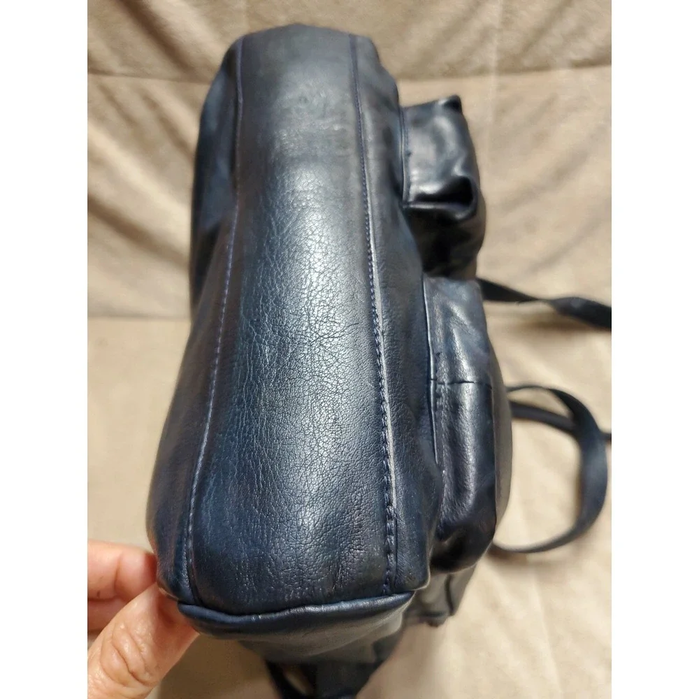 Estalon Purse Dark Blue Leather‎ Top Zip Crossbody Outside Pockets Boho Artsy